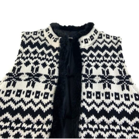 Talbots Knit Fair Isle Sweater with Fur Trim Black White - Picture 3 of 6